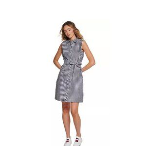 Tommy Hilfiger Gingham Dress Sleeveless Collared Belted Button Down Black SZ 10